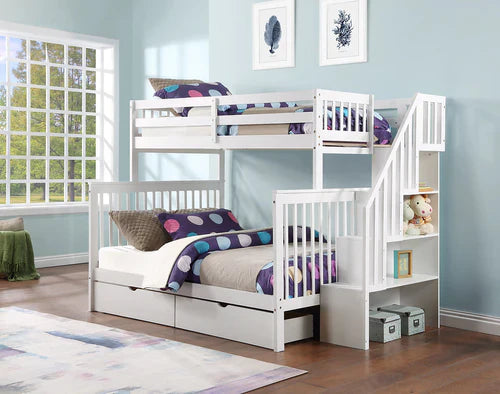Staircase Bunk Bed with Single Size Pull-Out Trundle- White Single/Double IF1852